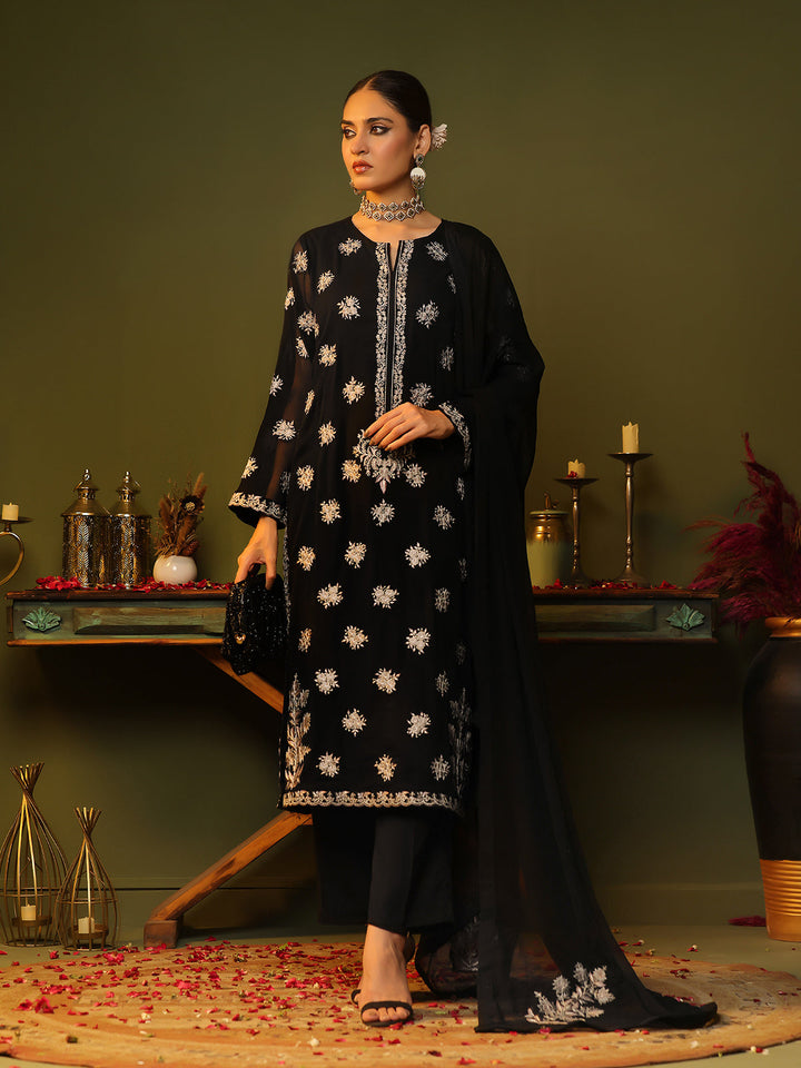 Oaks - Embroidered Pret Suit Dyed Chiffon Black  - 3 Piece