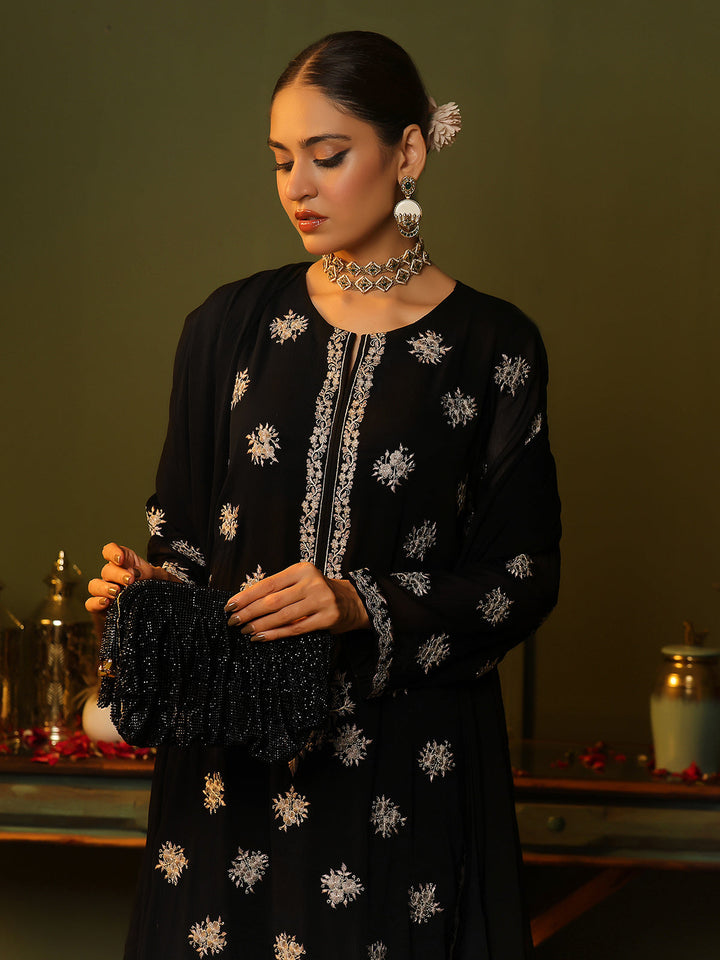 Oaks - Embroidered Pret Suit Dyed Chiffon Black  - 3 Piece