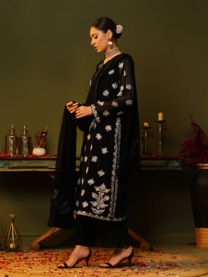 Oaks - Embroidered Pret Suit Dyed Chiffon Black  - 3 Piece
