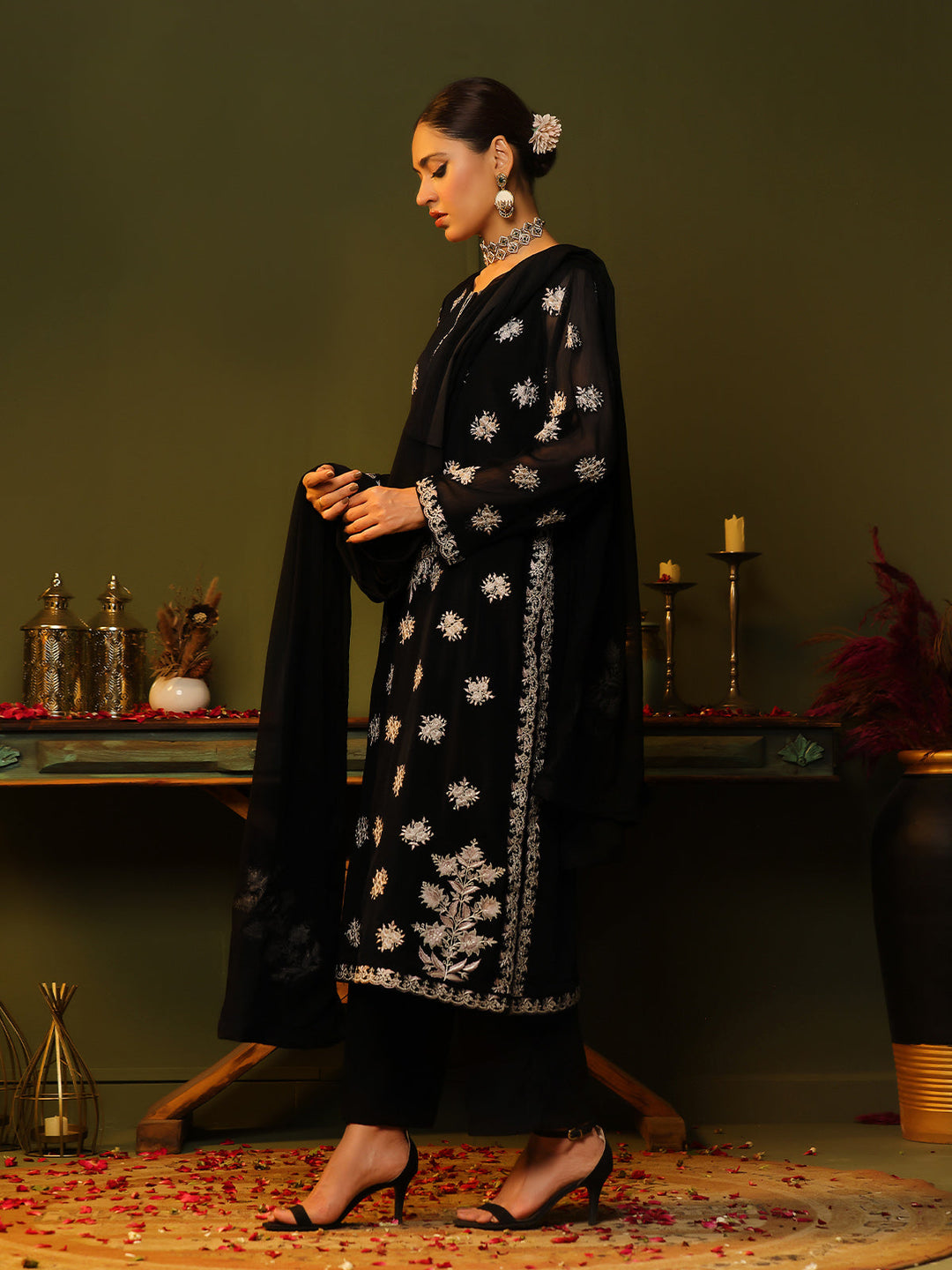 Oaks - Embroidered Pret Suit Dyed Chiffon Black  - 3 Piece