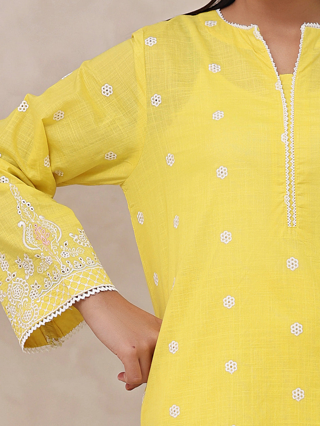 Oaks - Embroidered Slub Suit For Women - Yellow - 2 Piece