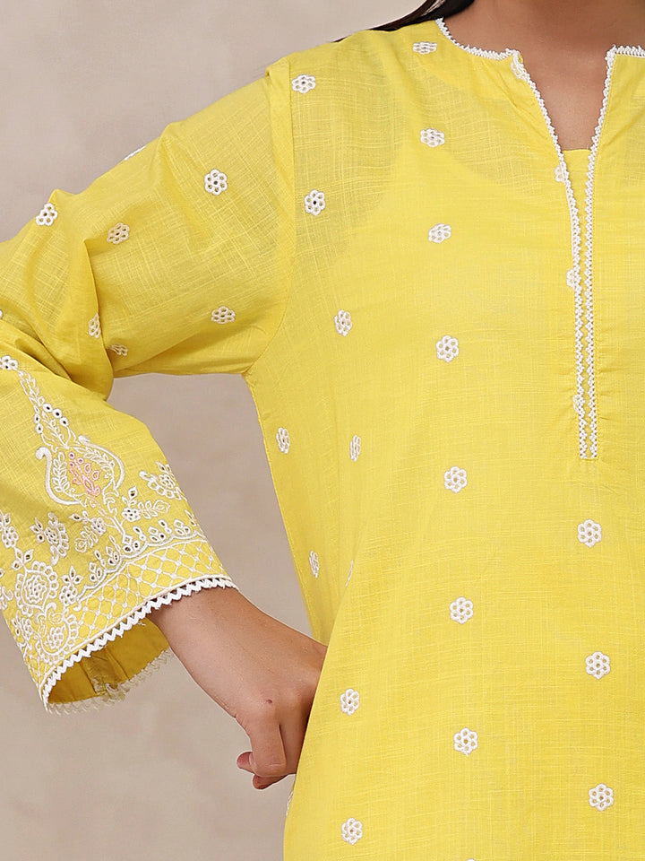 Oaks - Embroidered Slub Suit For Women - Yellow - 2 Piece