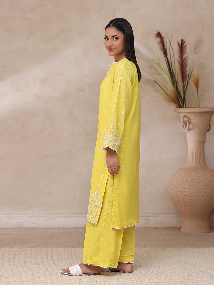 Oaks - Embroidered Slub Suit For Women - Yellow - 2 Piece