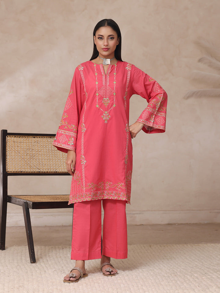 Oaks - Embroidered Slub Suit For Women - Orange - 2 Piece
