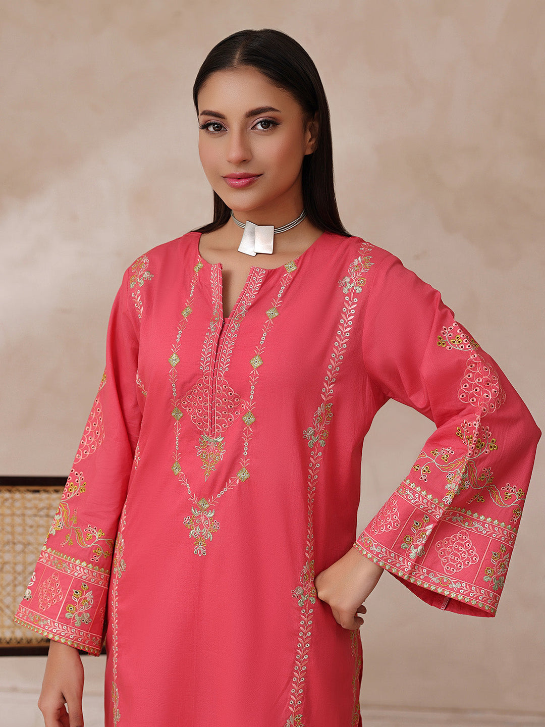 Oaks - Embroidered Slub Suit For Women - Orange - 2 Piece