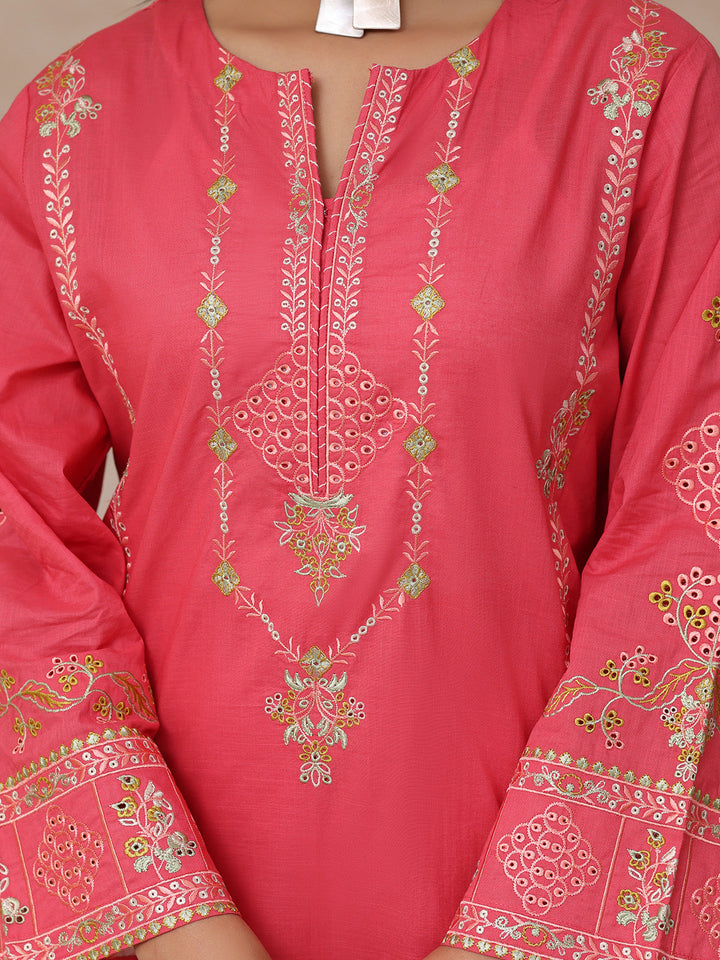 Oaks - Embroidered Slub Suit For Women - Orange - 2 Piece