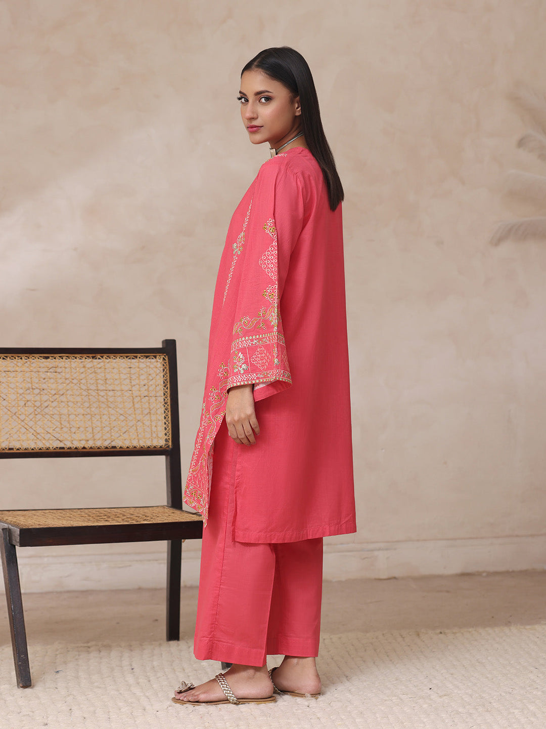 Oaks - Embroidered Slub Suit For Women - Orange - 2 Piece