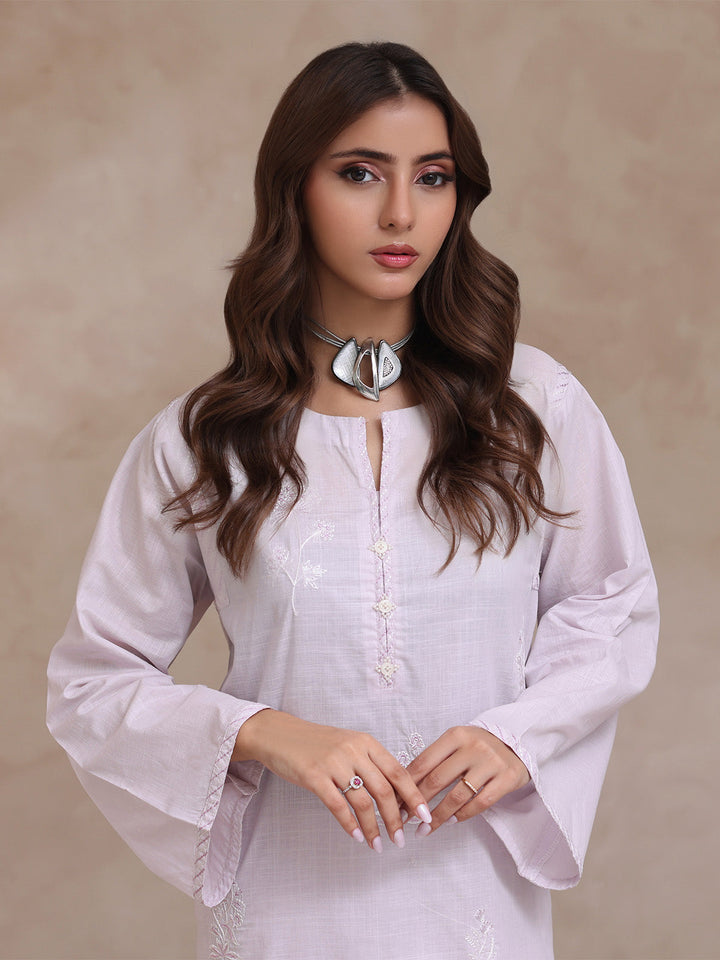 Oaks - Embroidered Slub Suit For Women - Light Grey - 2 Piece