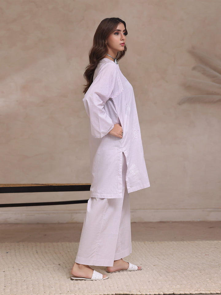 Oaks - Embroidered Slub Suit For Women - Light Grey - 2 Piece