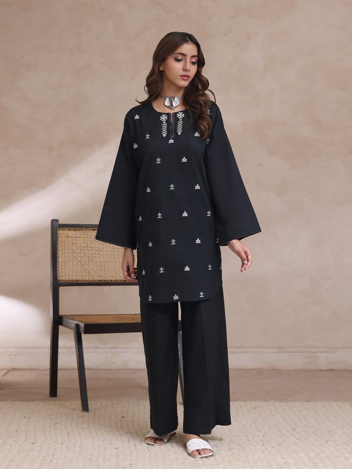 Oaks - Embroidered Cambric Suit For Women - Black - 2 Piece