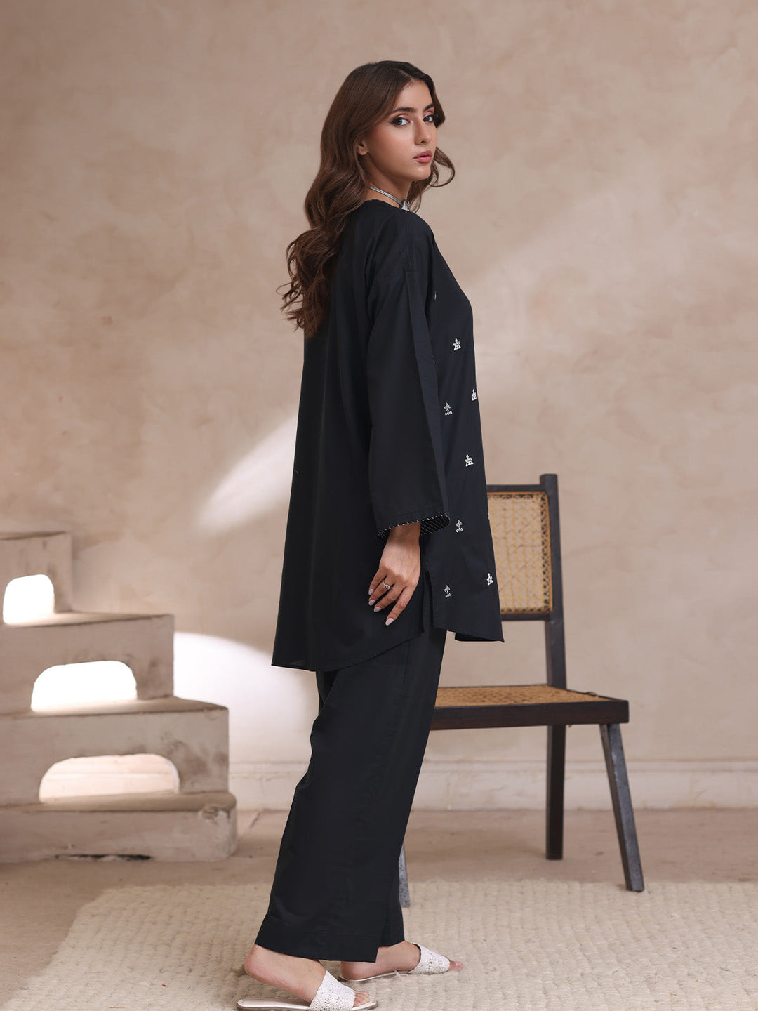 Oaks - Embroidered Cambric Suit For Women - Black - 2 Piece