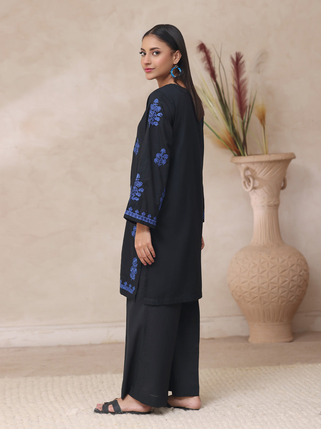 Oaks - Embroidered Cambric Suit For Women - Black - 2 Piece