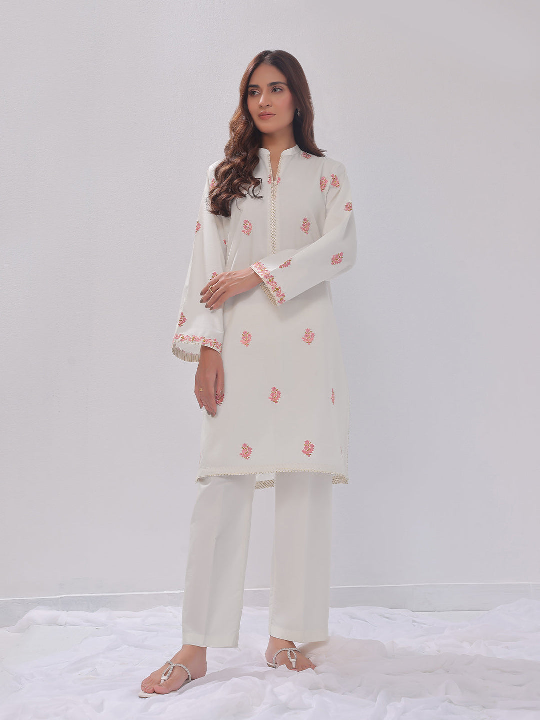 Oaks - Embroidered Pret Shirt Trouser Cotton Silk White  - 2 Piece