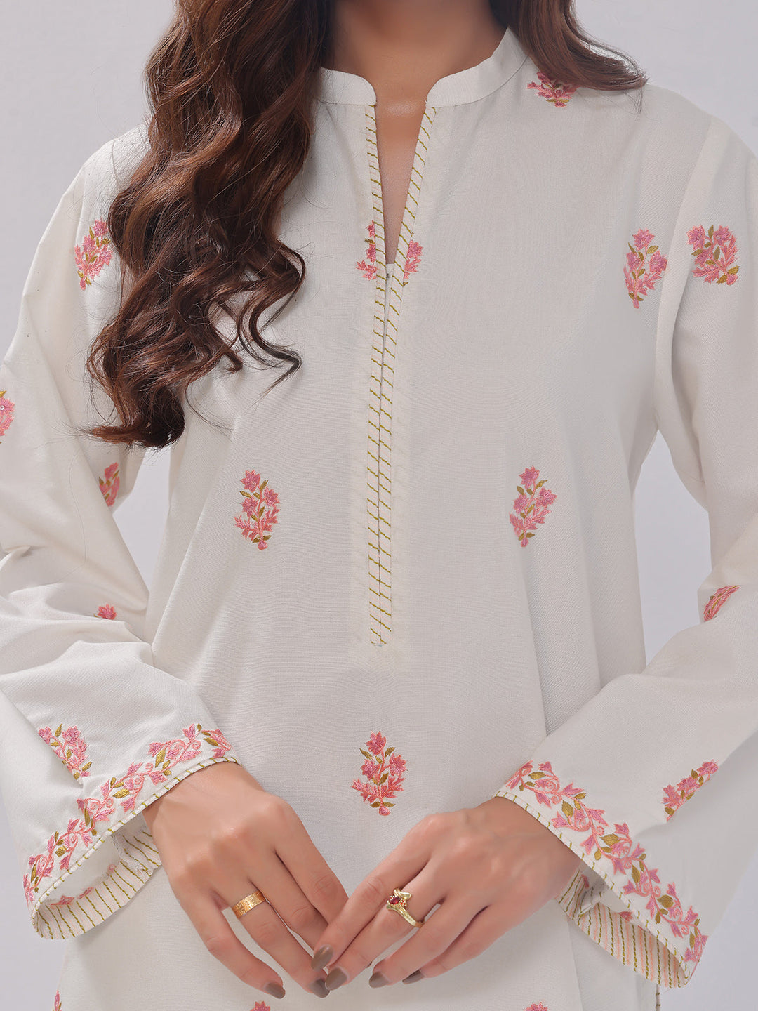 Oaks - Embroidered Pret Shirt Trouser Cotton Silk White  - 2 Piece