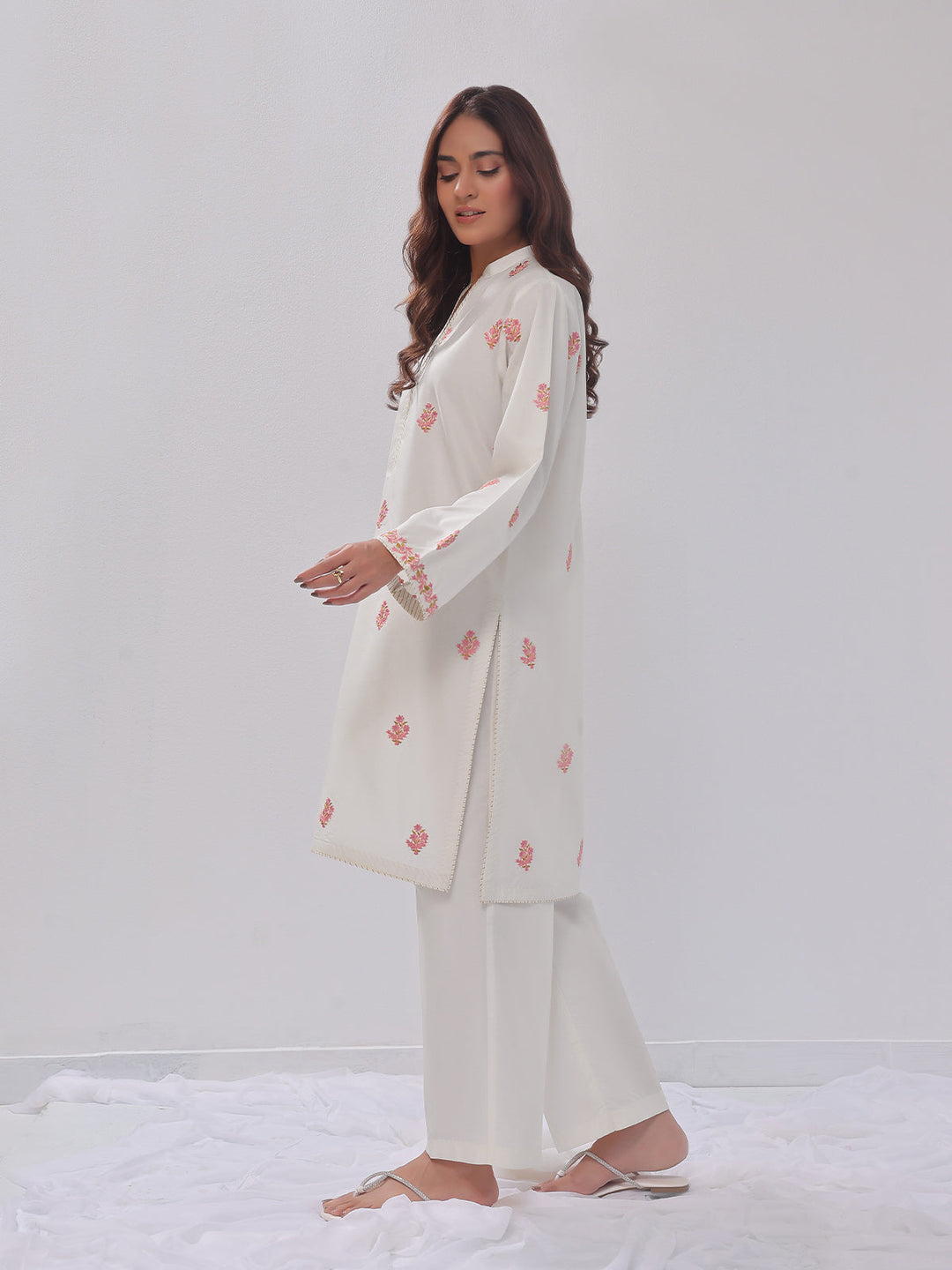 Oaks - Embroidered Pret Shirt Trouser Cotton Silk White  - 2 Piece