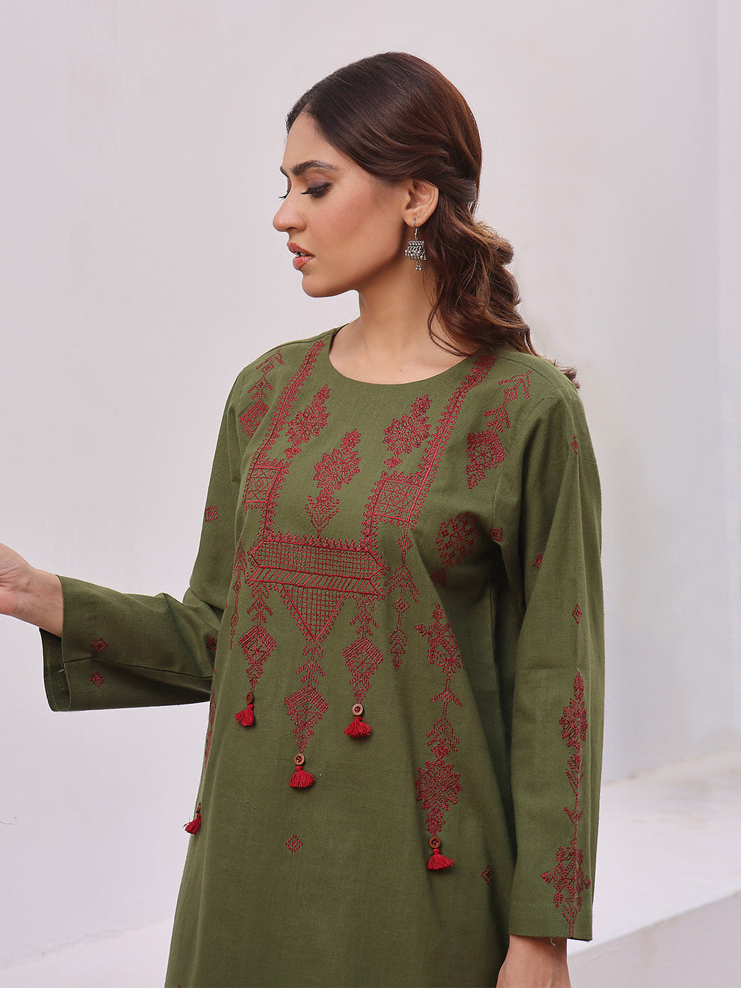 Oaks - Embroidered Pret Shirt Trouser Khaddar Green  - 2 Piece
