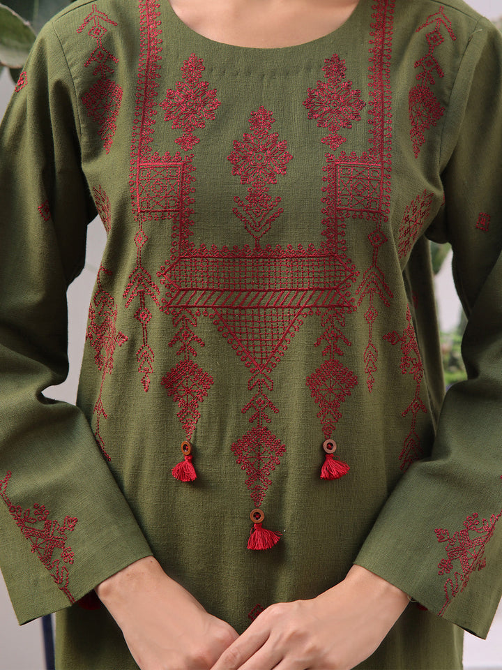 Oaks - Embroidered Pret Shirt Trouser Khaddar Green  - 2 Piece