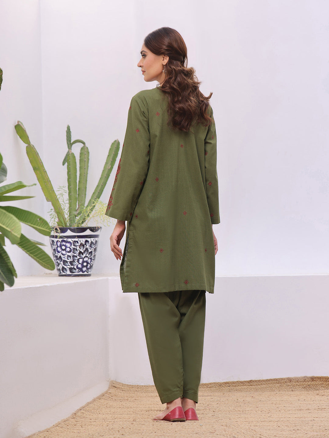 Oaks - Embroidered Pret Shirt Trouser Khaddar Green  - 2 Piece