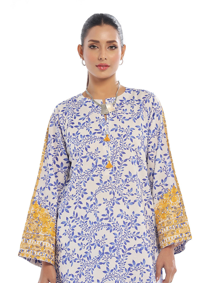 Oaks - Embroidered Pret Shirt Trouser Lawn White & Blue  - 2 Piece