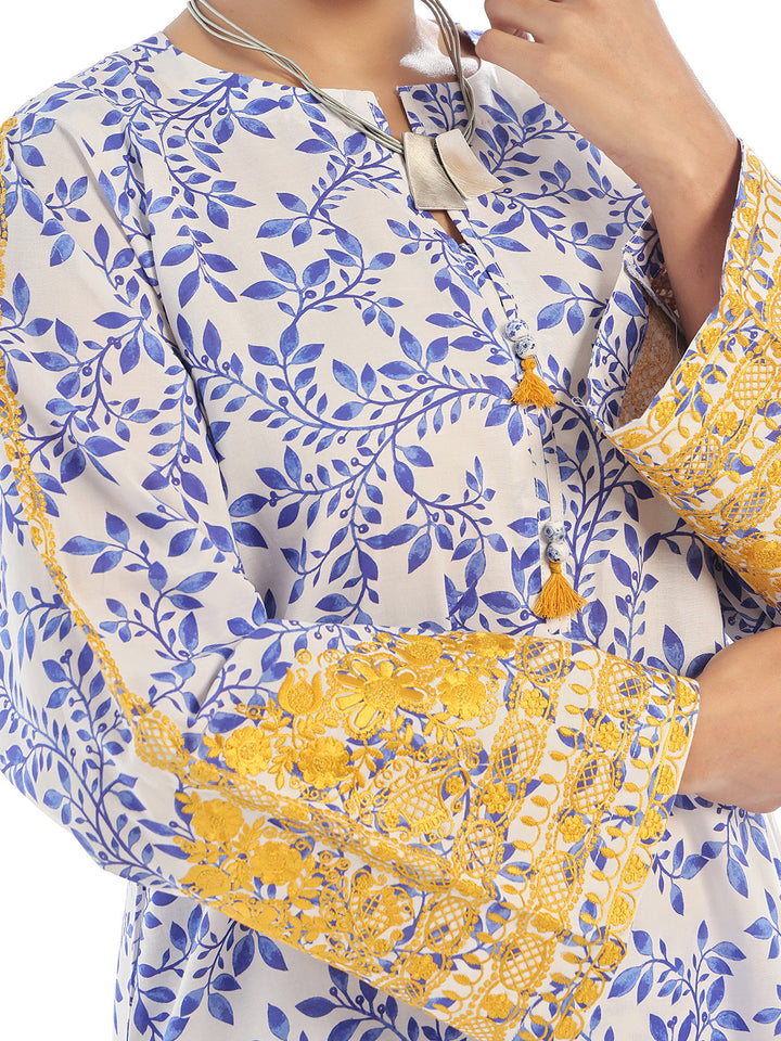 Oaks - Embroidered Pret Shirt Trouser Lawn White & Blue  - 2 Piece