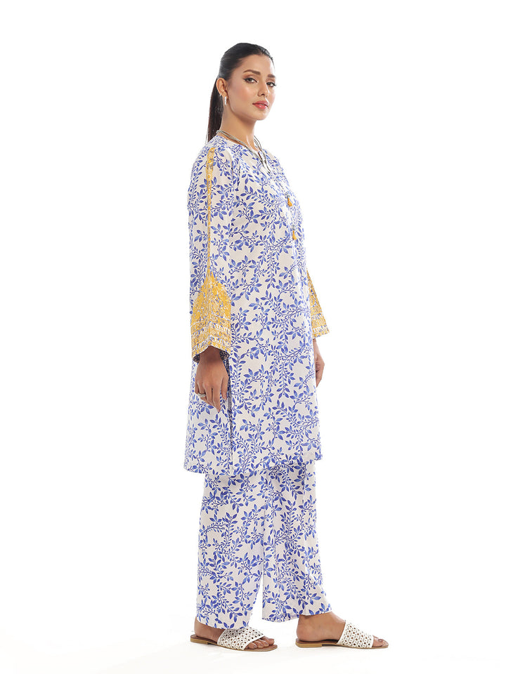 Oaks - Embroidered Pret Shirt Trouser Lawn White & Blue  - 2 Piece