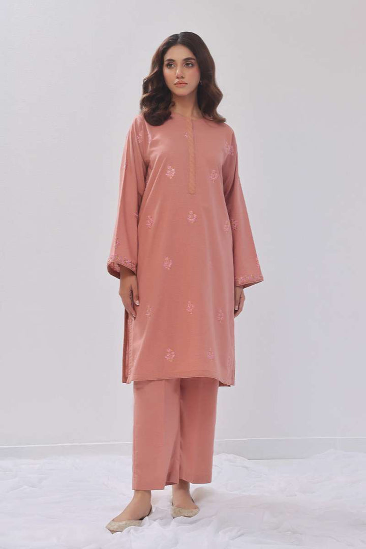 Oaks - Embroidered Pret Shirt Trouser Cotton Texture Peach  - 2 Piece