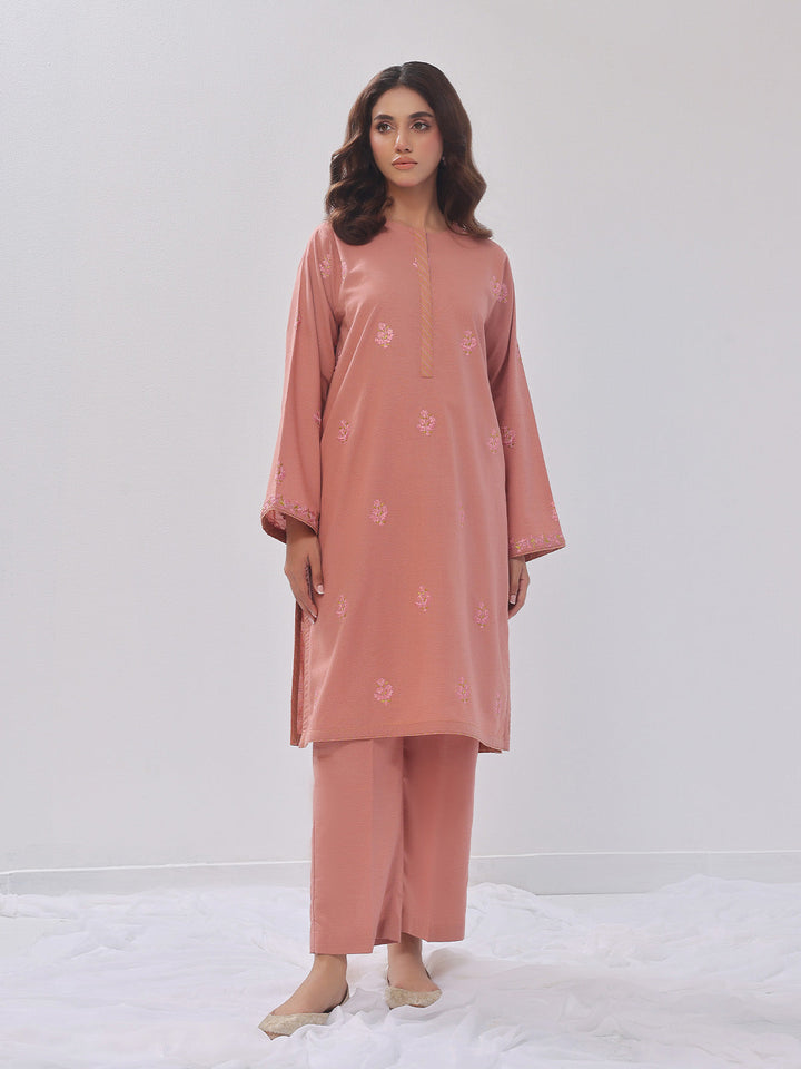Oaks - Embroidered Pret Shirt Trouser Cotton Texture Peach  - 2 Piece
