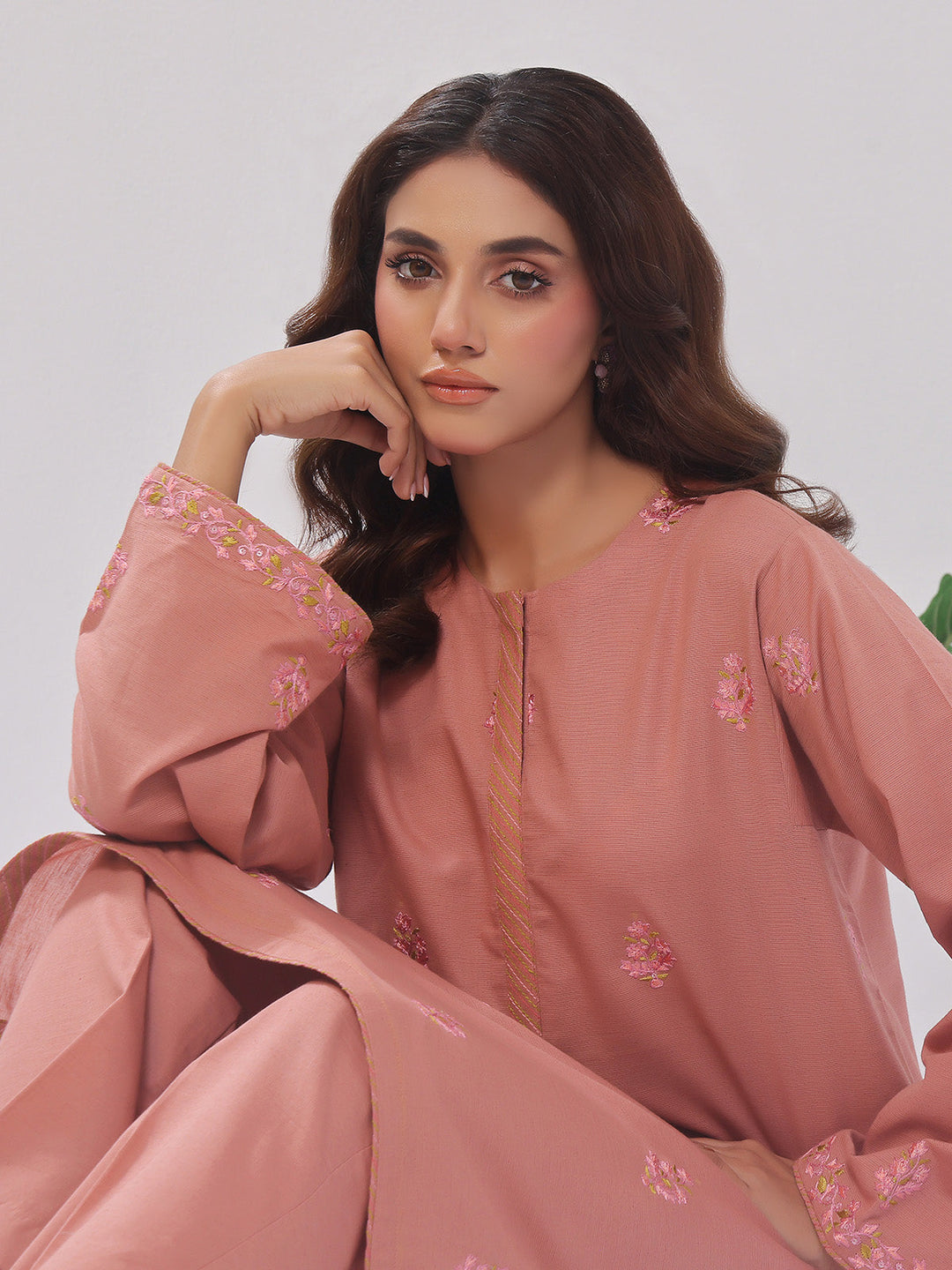 Oaks - Embroidered Pret Shirt Trouser Cotton Texture Peach  - 2 Piece