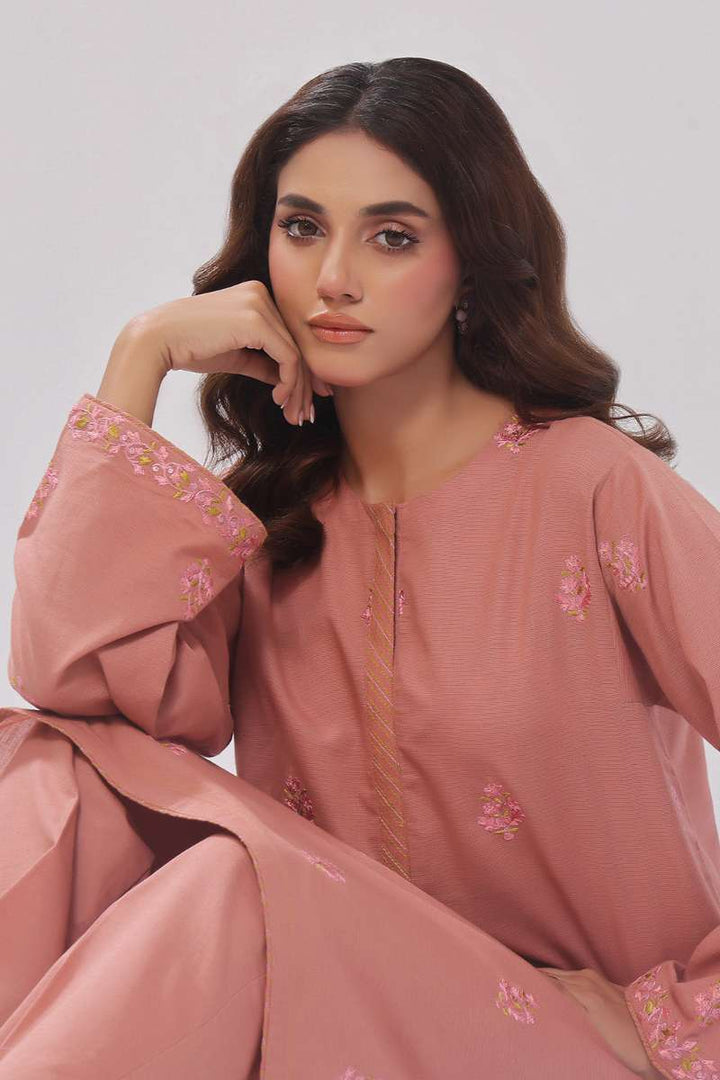 Oaks - Embroidered Pret Shirt Trouser Cotton Texture Peach  - 2 Piece