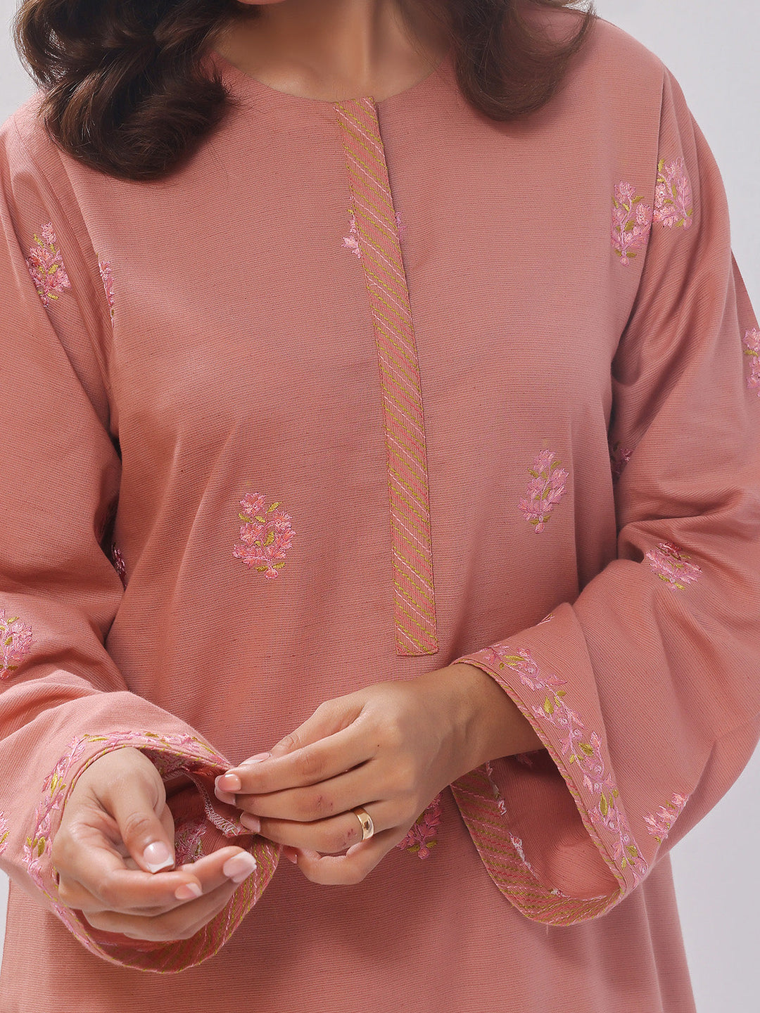 Oaks - Embroidered Pret Shirt Trouser Cotton Texture Peach  - 2 Piece