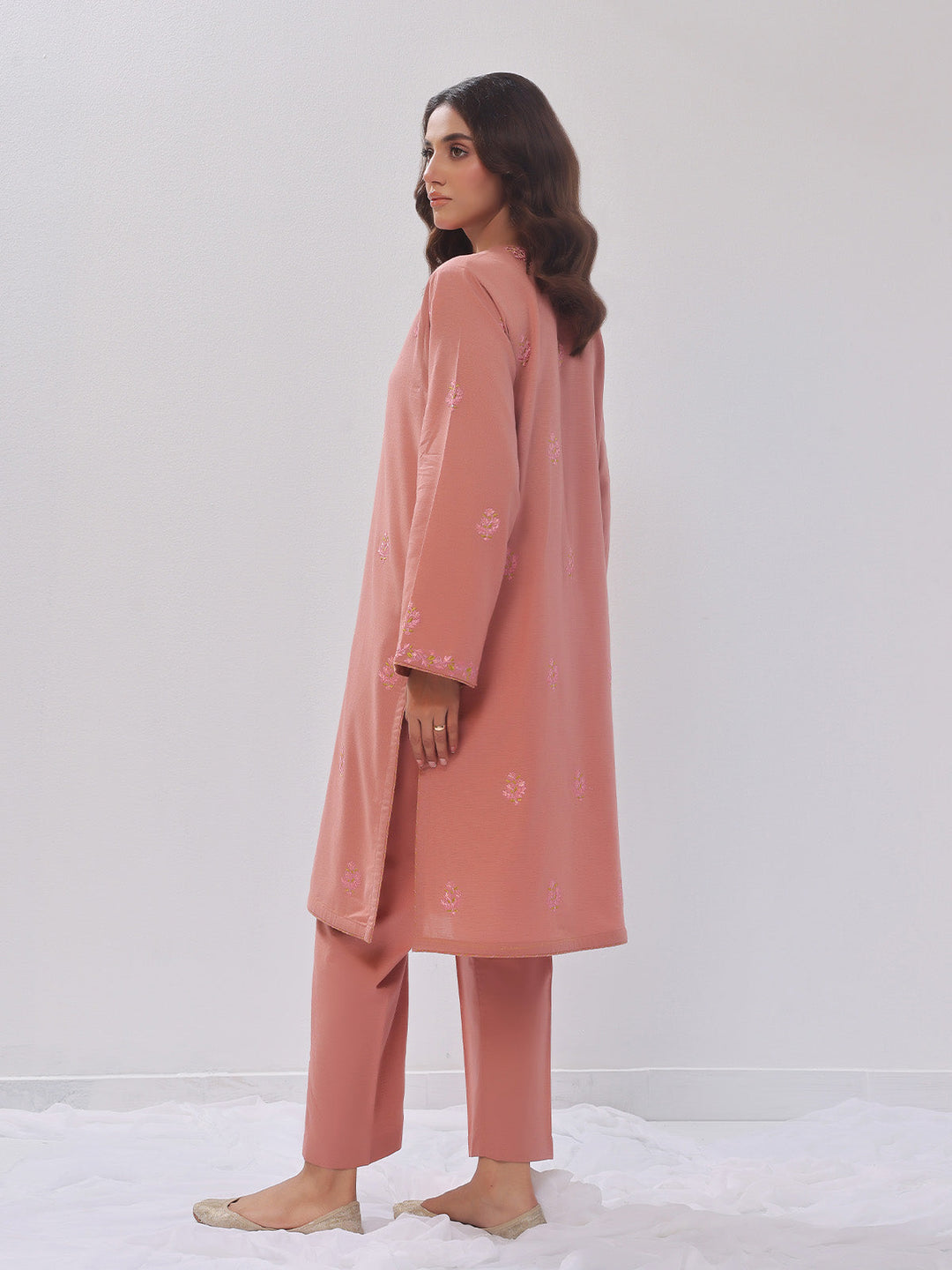 Oaks - Embroidered Pret Shirt Trouser Cotton Texture Peach  - 2 Piece