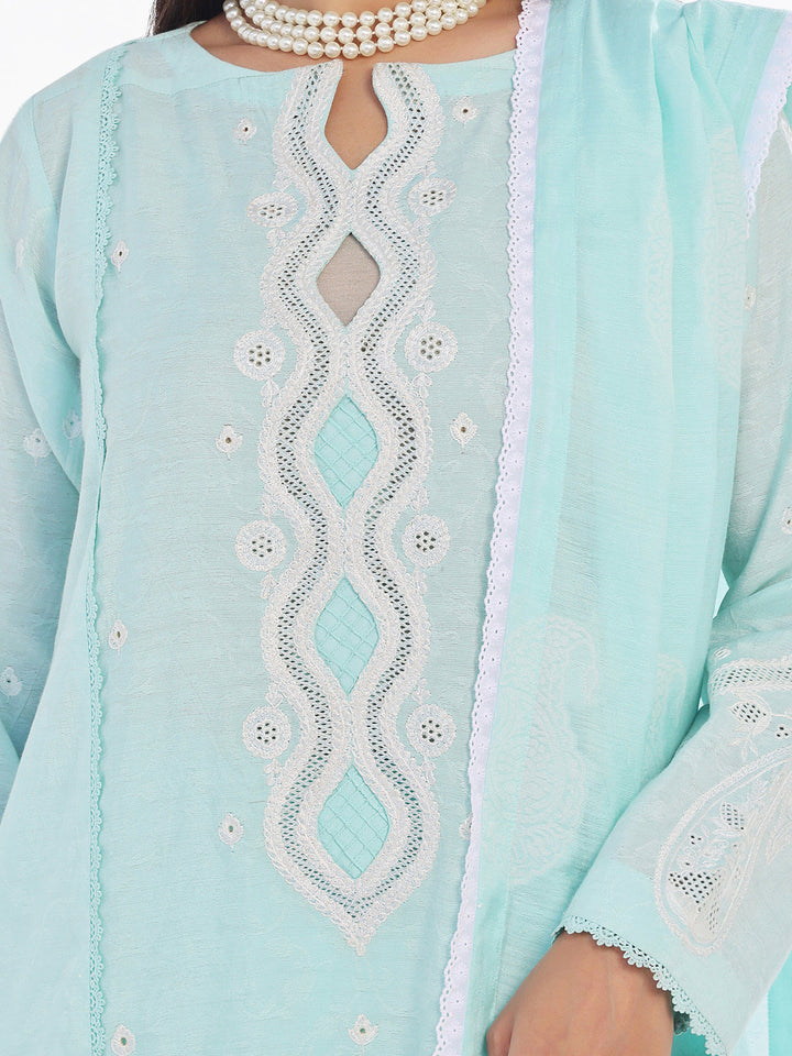 Oaks - Embroidered Pret Suit Cotton Silk Jacquard Ferozi  - 3 Piece