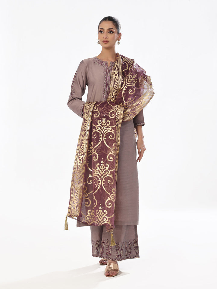 Oaks - Embroidered Pret Shirt Trouser Cotton Silk Grey & Purple  - 2 Piece