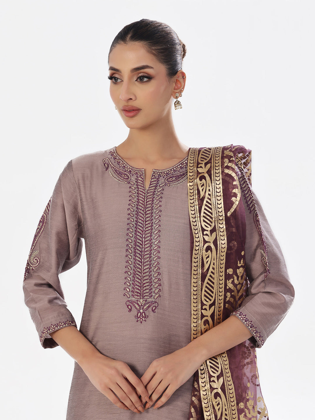 Oaks - Embroidered Pret Shirt Trouser Cotton Silk Grey & Purple  - 2 Piece