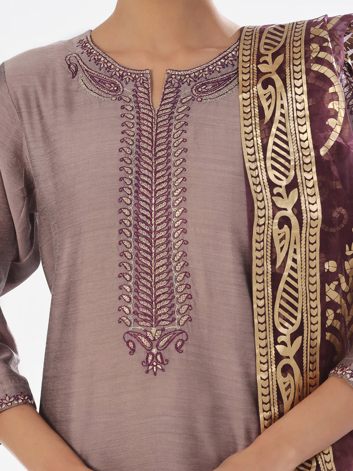 Oaks - Embroidered Pret Shirt Trouser Cotton Silk Grey & Purple  - 2 Piece