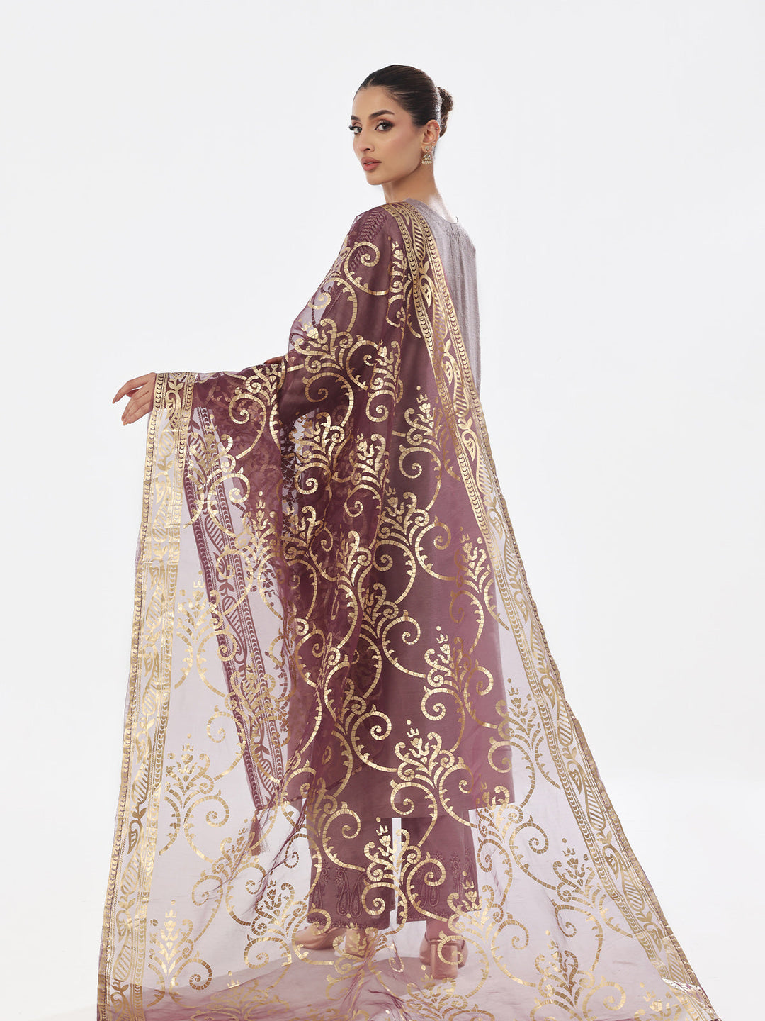 Oaks - Embroidered Pret Shirt Trouser Cotton Silk Grey & Purple  - 2 Piece