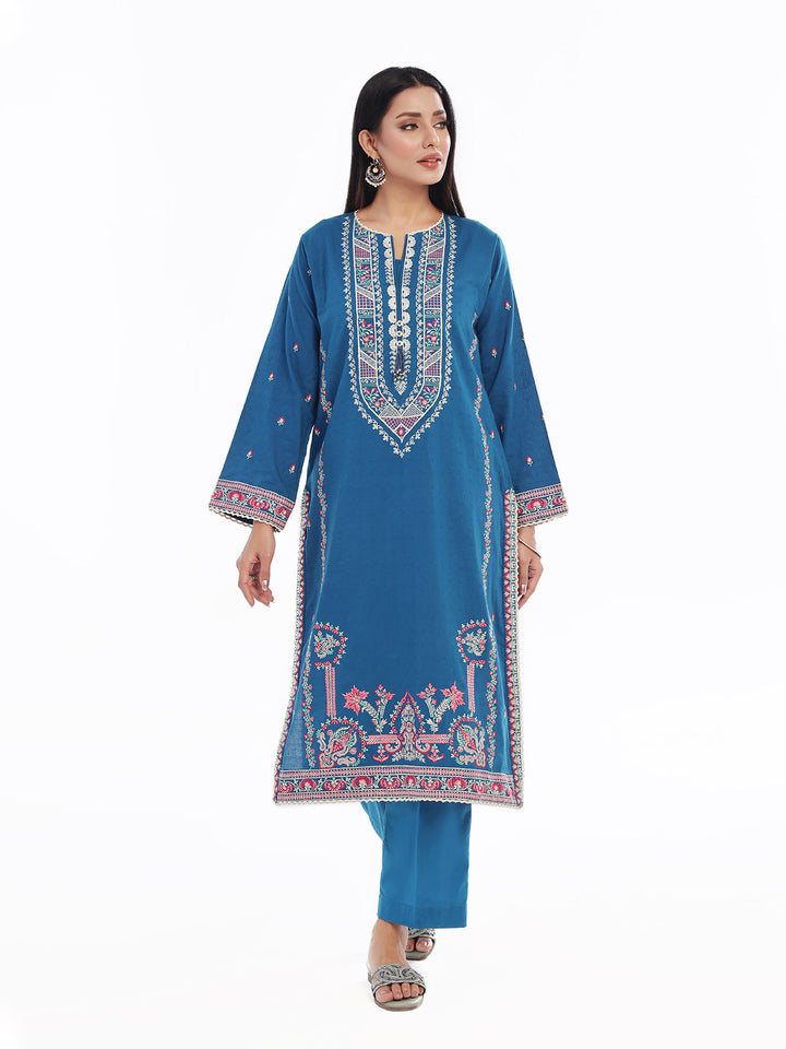 Oaks - Embroidered Pret Shirt Trouser Dobby Teal  - 2 Piece