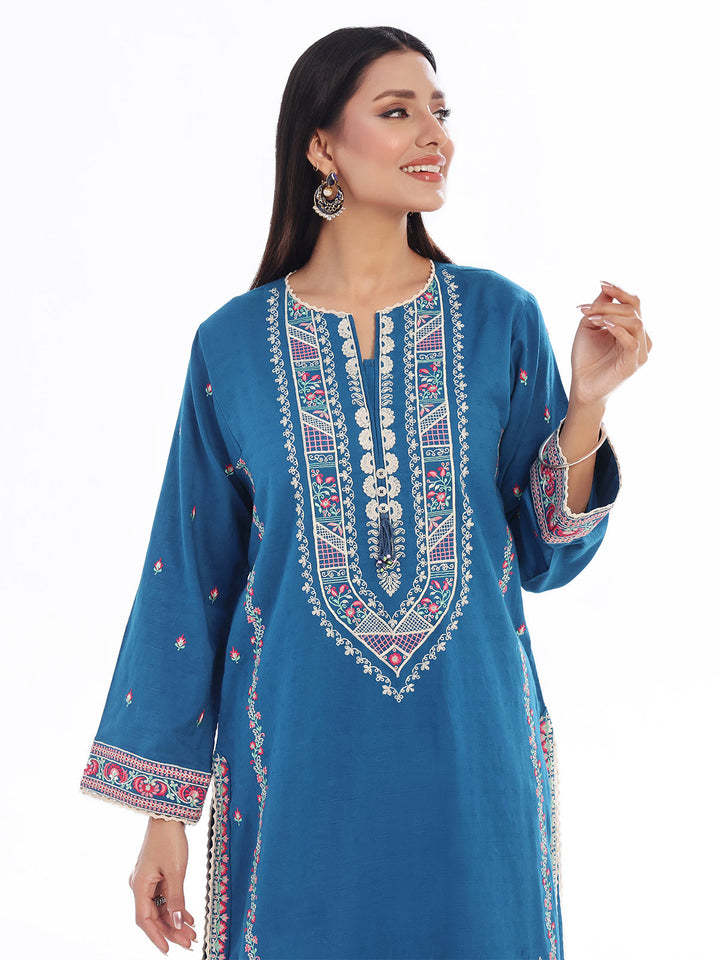 Oaks - Embroidered Pret Shirt Trouser Dobby Teal  - 2 Piece