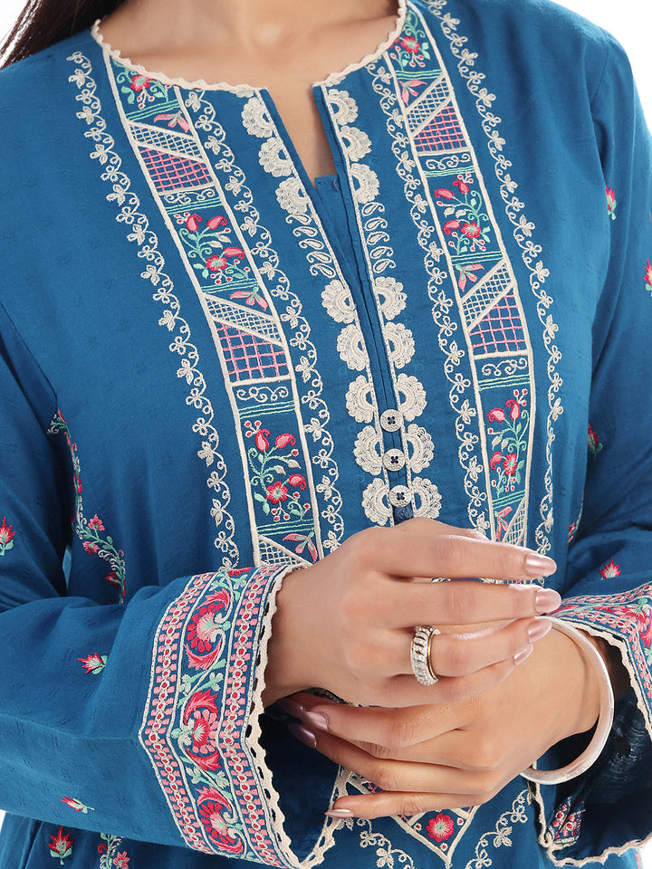 Oaks - Embroidered Pret Shirt Trouser Dobby Teal  - 2 Piece