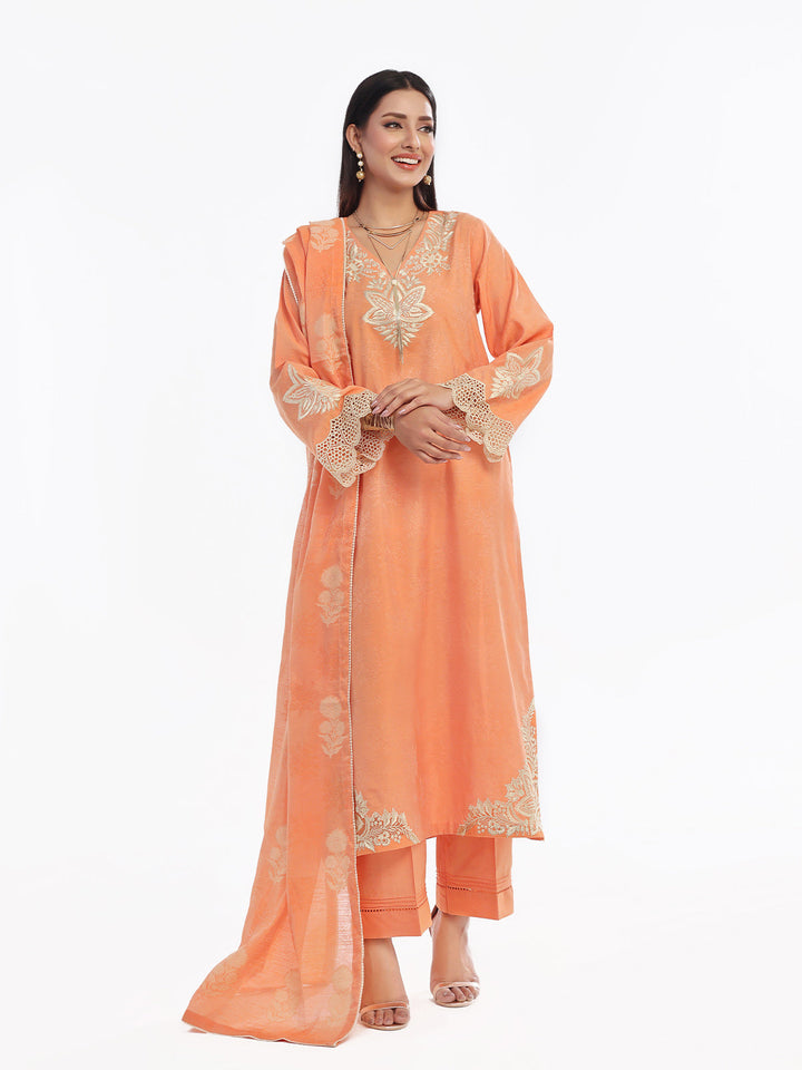 Oaks - Embroidered Pret Suit Cotton Silk Jacquard Orange  - 3 Piece