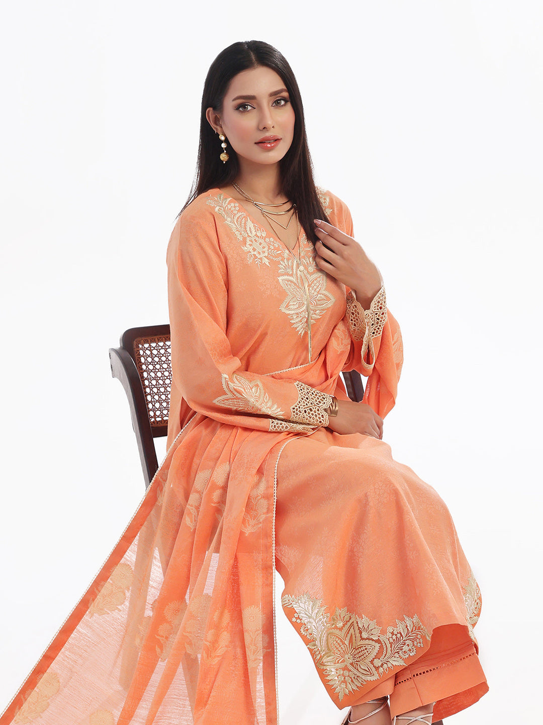 Oaks - Embroidered Pret Suit Cotton Silk Jacquard Orange  - 3 Piece