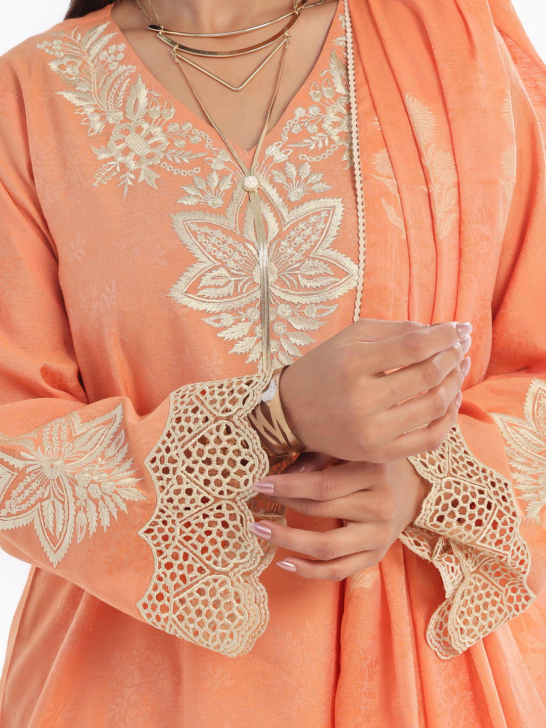 Oaks - Embroidered Pret Suit Cotton Silk Jacquard Orange  - 3 Piece