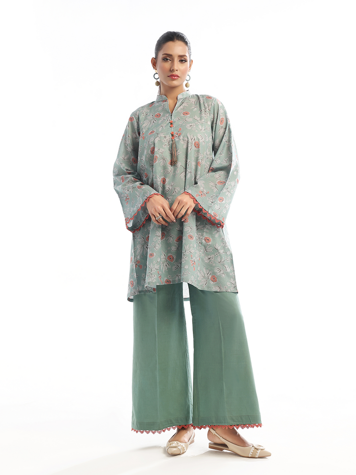 Oaks - Printed Pret Shirt Trouser Maisoori Lawn Green & Orange  - 2 Piece