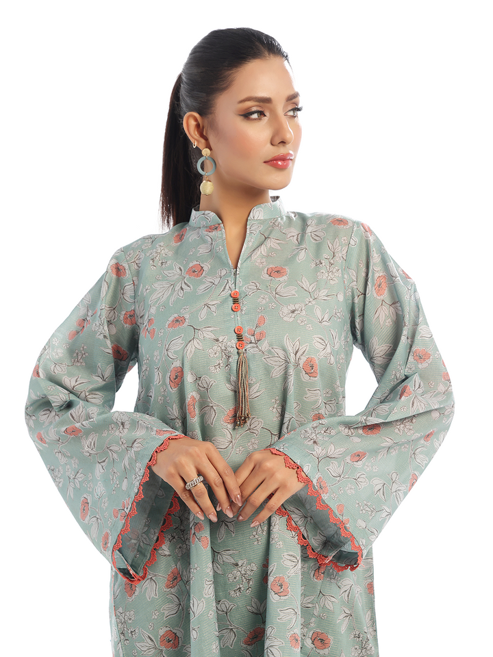 Oaks - Printed Pret Shirt Trouser Maisoori Lawn Green & Orange  - 2 Piece