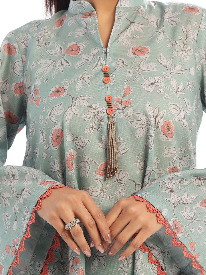 Oaks - Printed Pret Shirt Trouser Maisoori Lawn Green & Orange  - 2 Piece