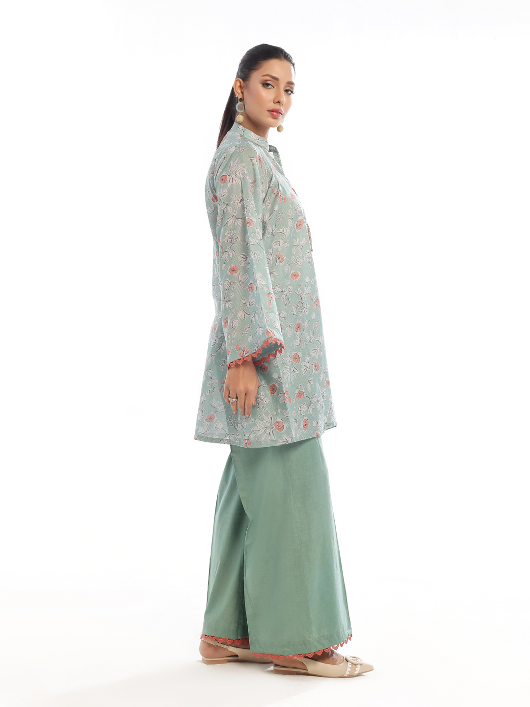 Oaks - Printed Pret Shirt Trouser Maisoori Lawn Green & Orange  - 2 Piece