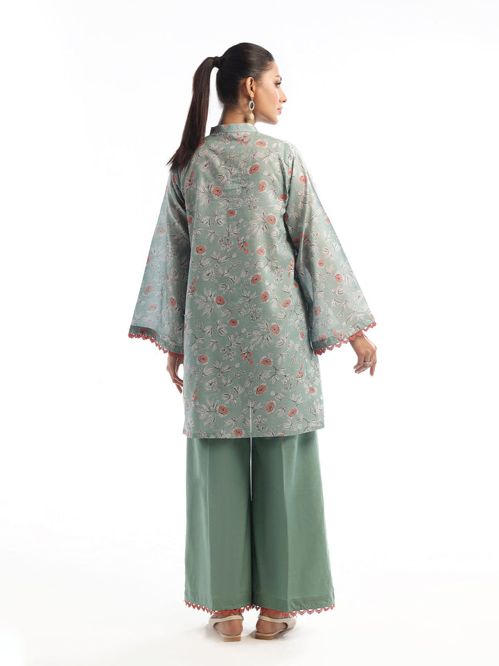 Oaks - Printed Pret Shirt Trouser Maisoori Lawn Green & Orange  - 2 Piece