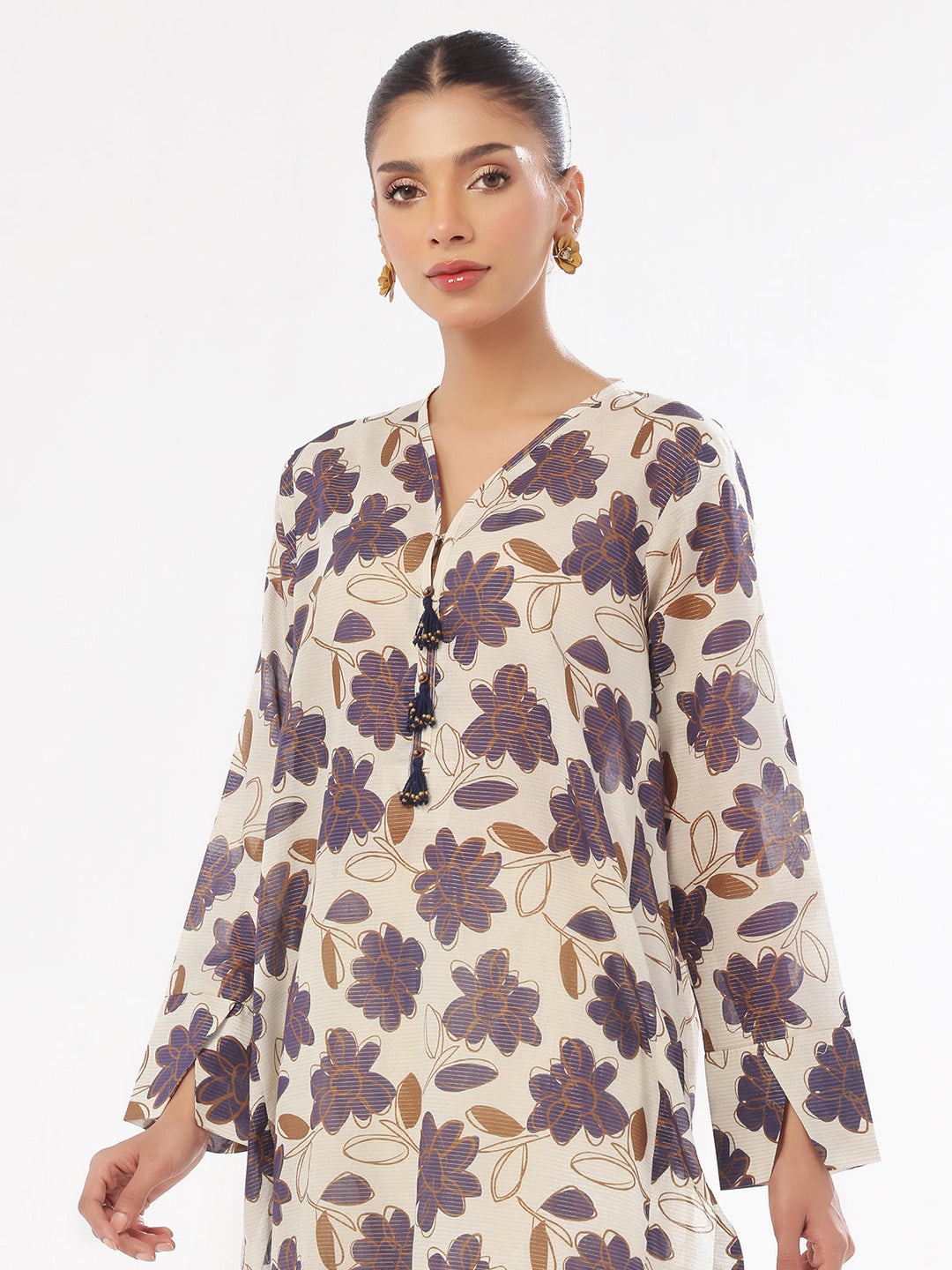 Oaks - Printed Pret Shirt Trouser Masoori Lawn Beige & Blue  - 2 Piece