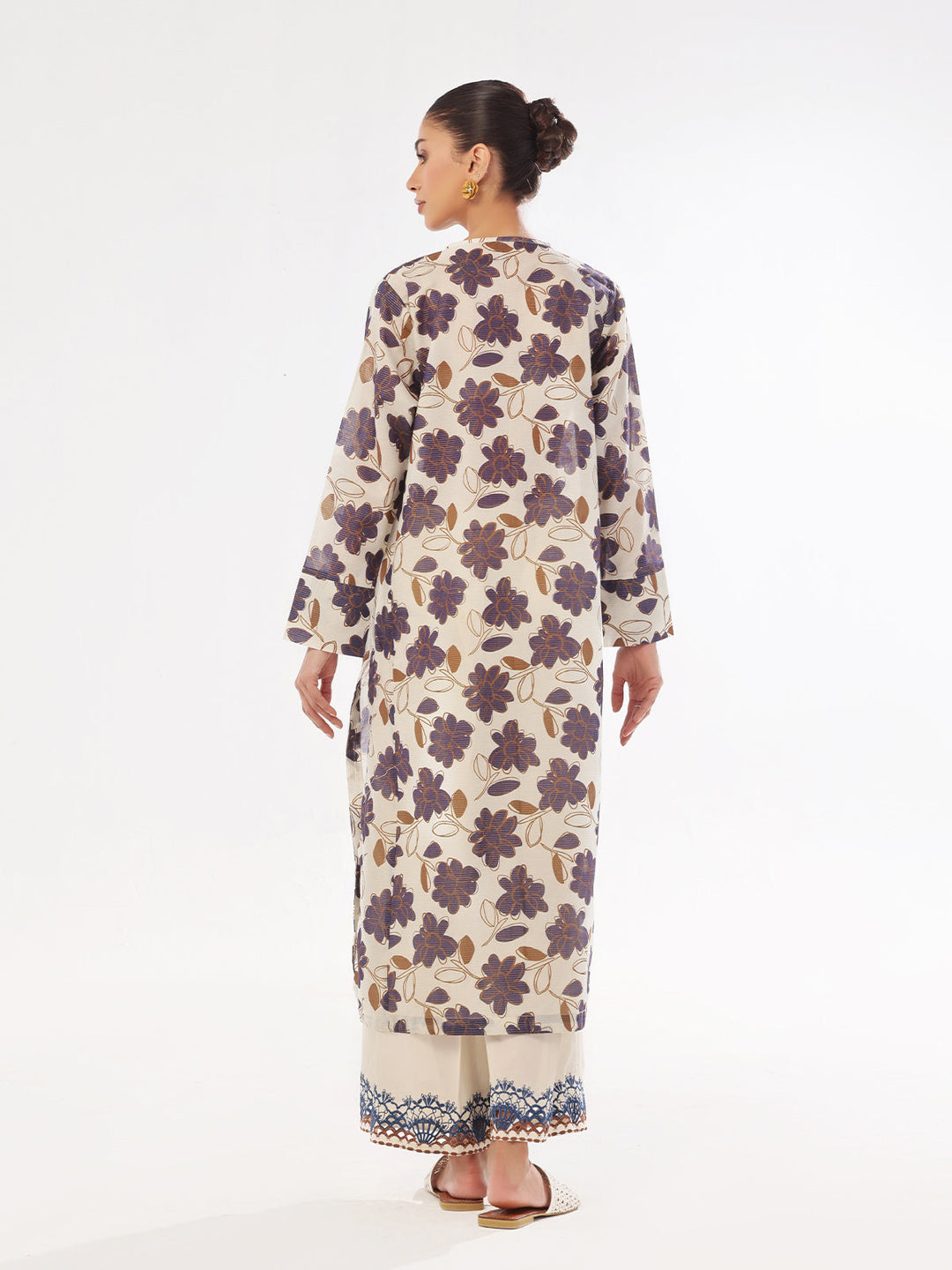 Oaks - Printed Pret Shirt Trouser Masoori Lawn Beige & Blue  - 2 Piece