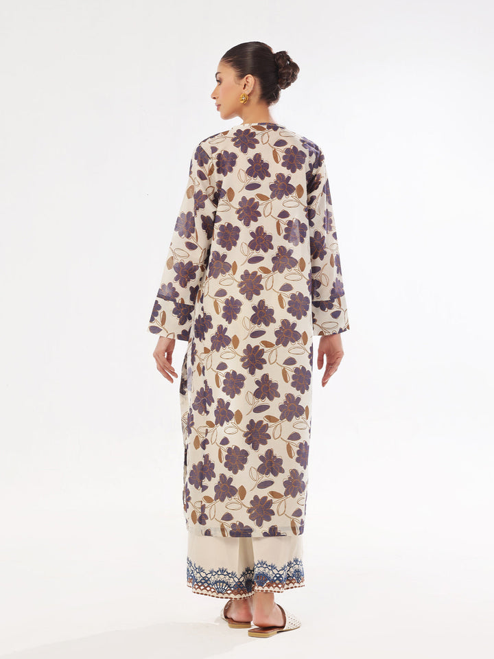 Oaks - Printed Pret Shirt Trouser Masoori Lawn Beige & Blue  - 2 Piece